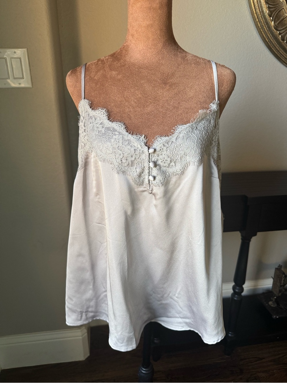 NWT Abercrombie & Fitch Gray Eyelash Lace-Trim Satin Cami Adjustable Straps XL
